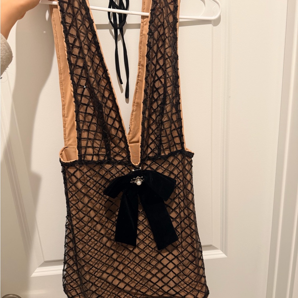 SHEIN Black Net Overlay Crossbody with Beige Liner and Velvet Bow